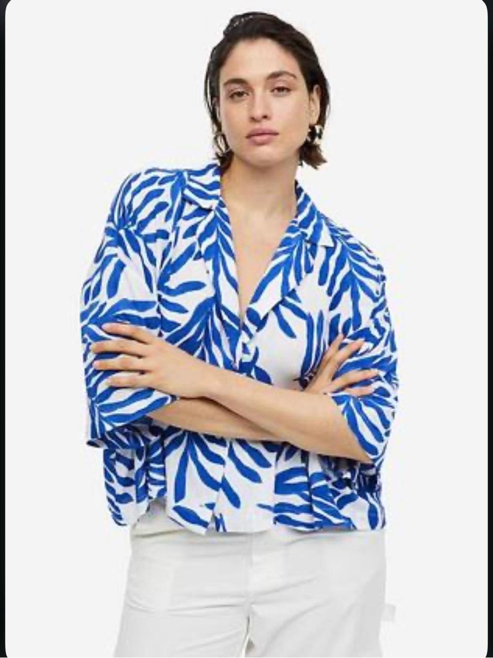 H&M Tropical Print Blue and White Flowy Button Up
